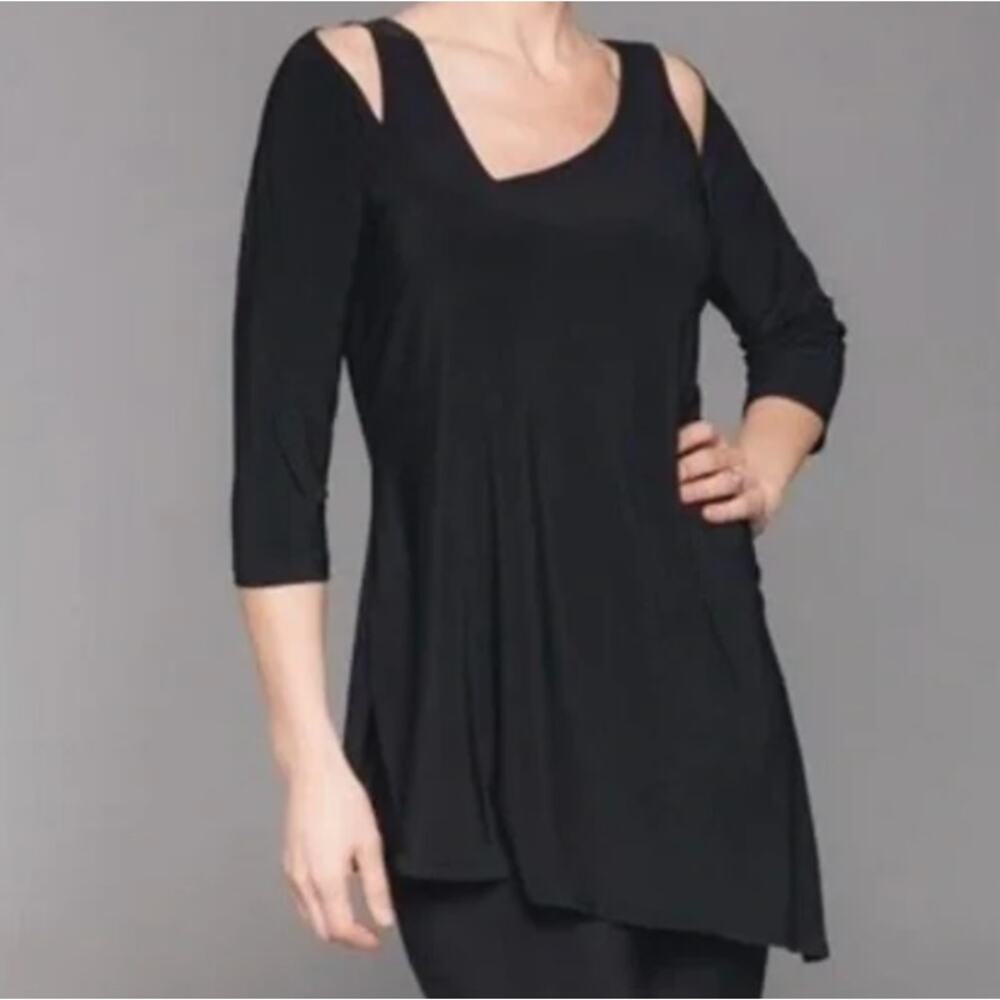 Sympli Womens 6 Black Cut Out Asymmetrical Focus Blouse Top 3/4 Sleeve Stretch - Picture 3 of 8